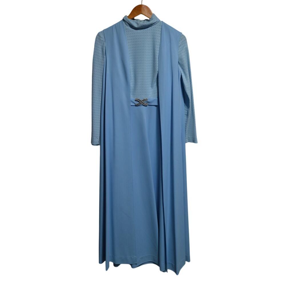 Vintage 1970's Mother of the Bride Dress with Duster Vest Blue Size 11